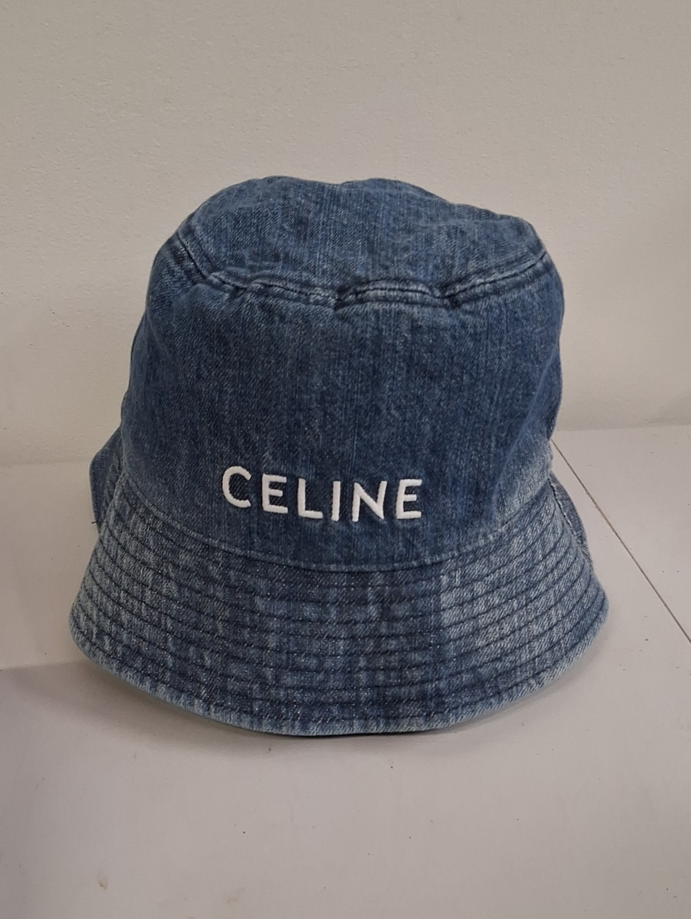 NWT Unisex Celine Embroidered Denim Bucket Hat in Blue with White Logo Medium